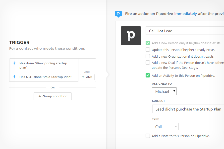 The lead is sent to Pipedrive and added to the sales funnel. Now the company will schedule a call to close the deal.