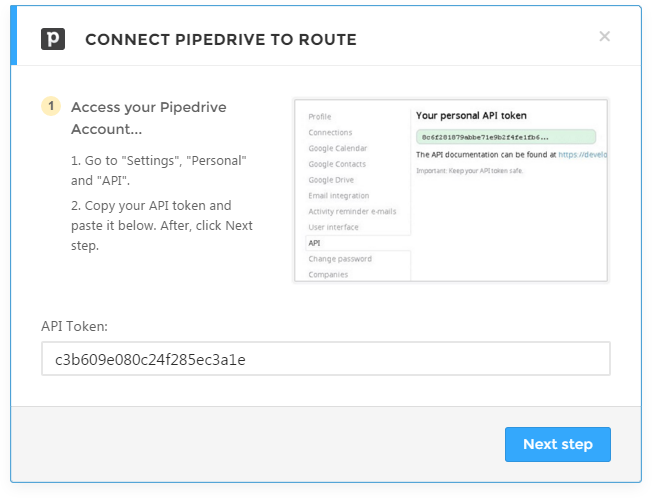 First step in connecting your Pipedrive account to Route is getting your personal API token from your Pipedrive account.