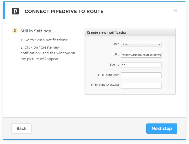 Second step in connecting your Pipedrive account to Route is creating a new push notification.